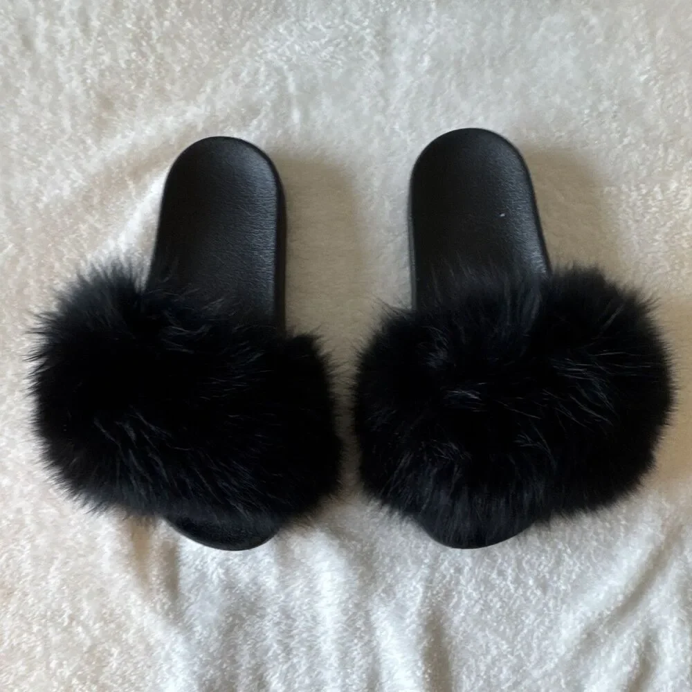 Womens Black Faux Fur Slide Sandals Slip-On Flat Rubber Outsole Casual Sz 7